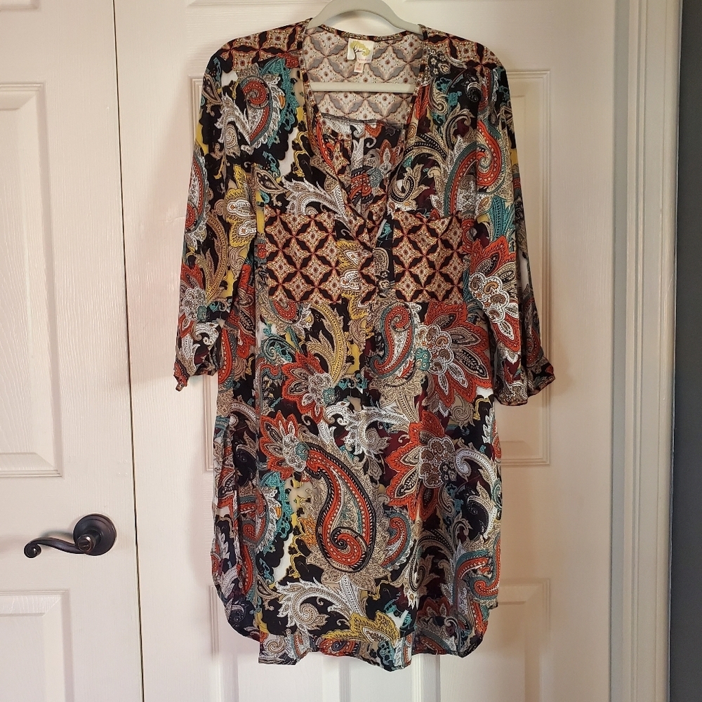 Anthropologie Fig Flower Floral Paisley Tunic Shirt Sheath 3/4 Sleeves Pockets